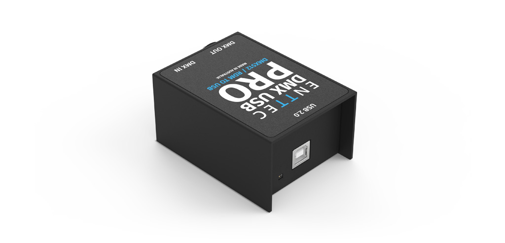 Render of the DMX USB Pro Mk2 with USB type B port and LED indicator shown.