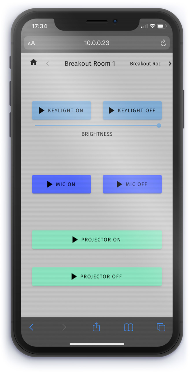 Una interfaz web personalizada creada con ENTTEC S-Play, que se muestra en un teléfono móvil. reproducción del controlador de luz inteligente