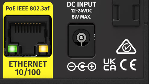 Imagen de primer plano de la entrada PoE y la entrada de alimentación de CC de ENTTEC S-Play.