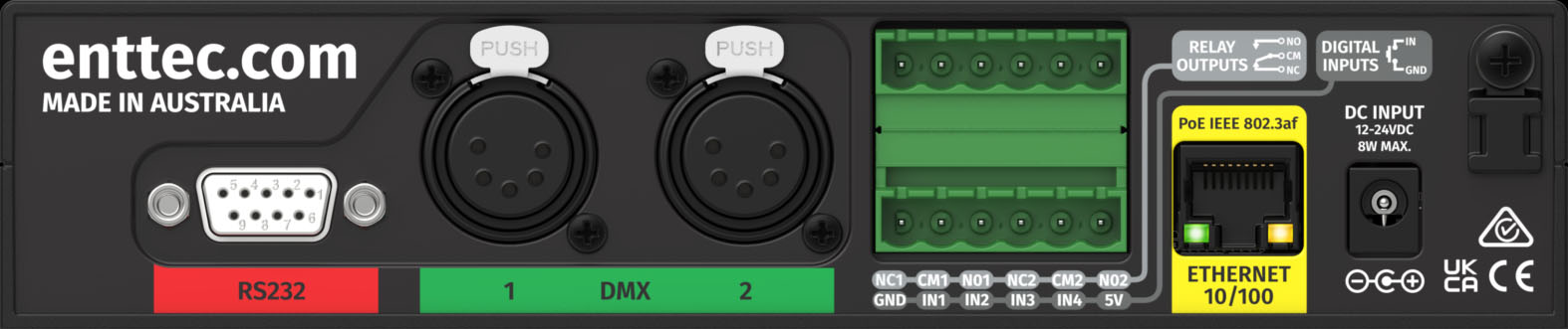 Puertos traseros del controlador de iluminación ENTTEC S-Play DMX, ArtNet y sACN con funcionalidad de grabación y creación de espectáculos. RS232, DMX de 5 pines, entradas secas (GPI), salidas de relé, alimentación a través de Ethernet (PoE) y puertos de entrada de CC.