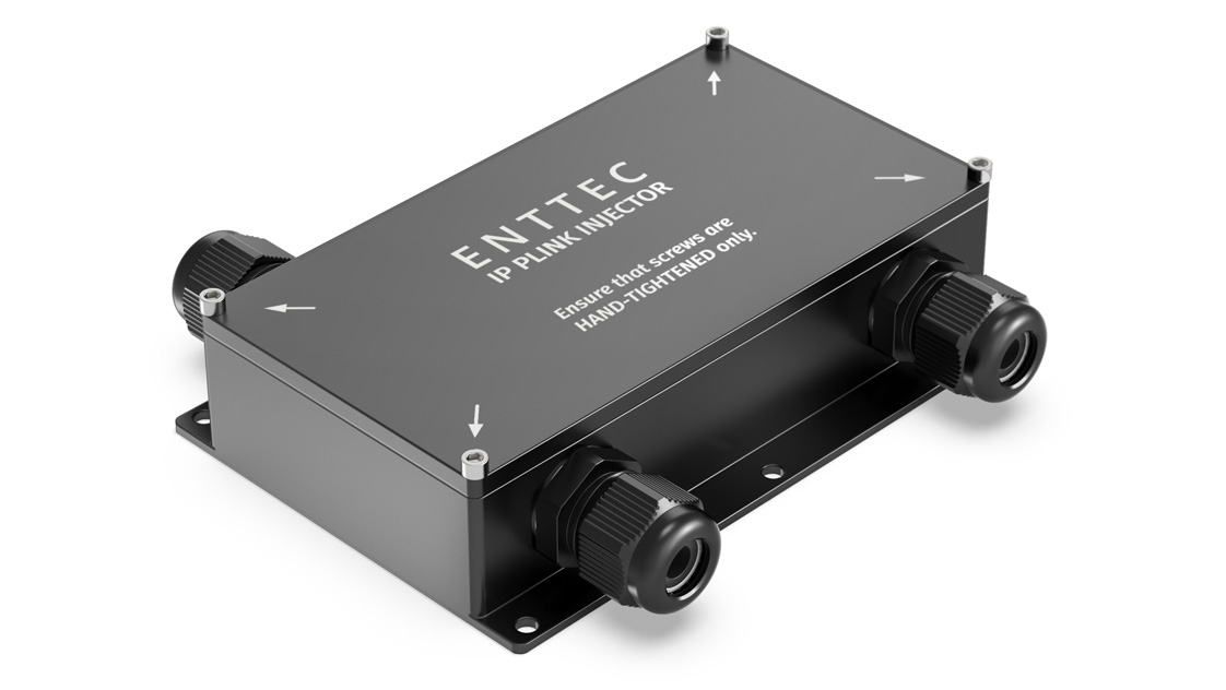ENTTEC IP Plink injector 2 DMX universe outdoor rated pixel output control device with black anodized finish.