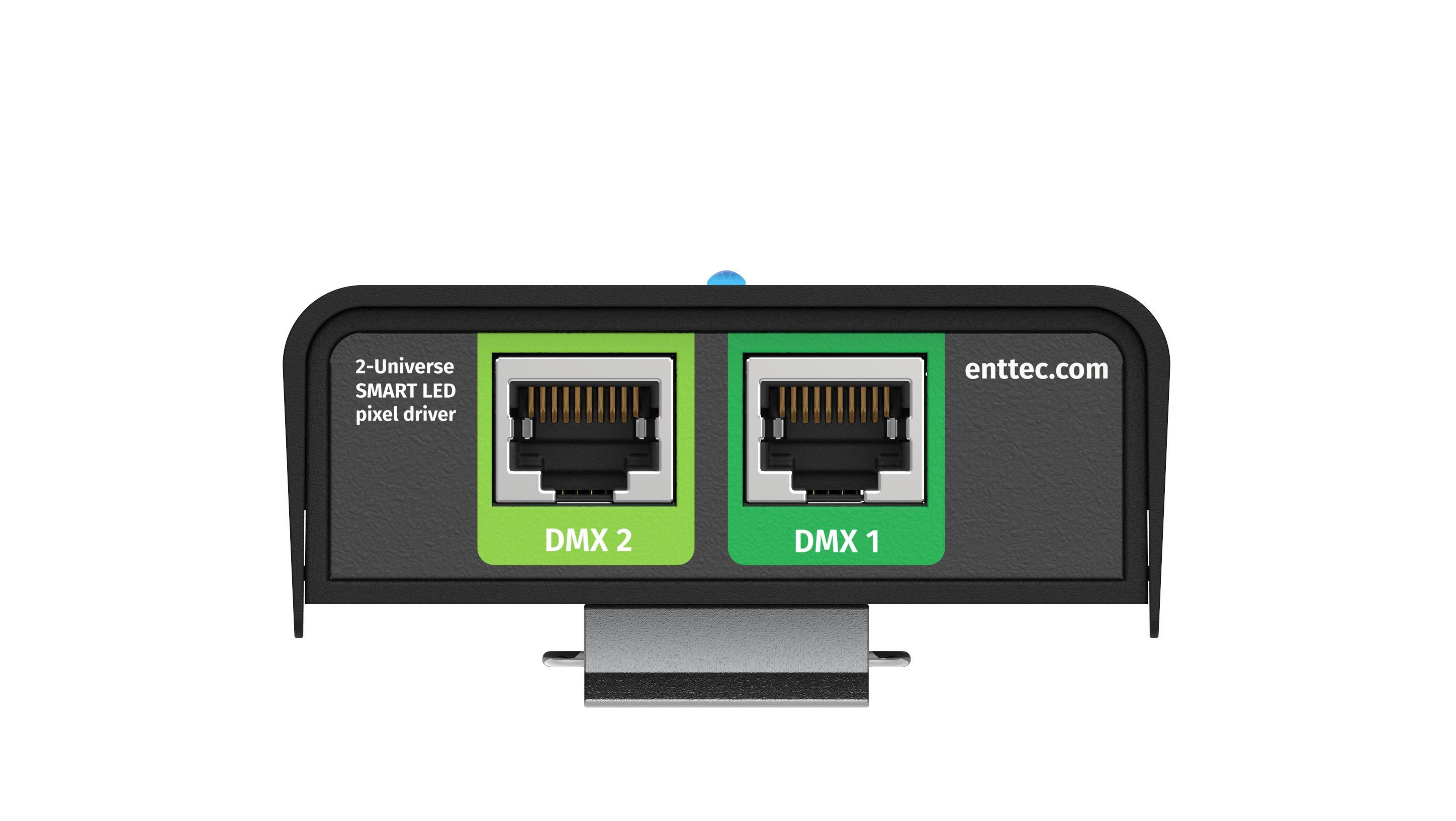 Rear ports of the ENTTEC DIN Pixie DMX to SPI converter with DIN mounting bracket attached. 