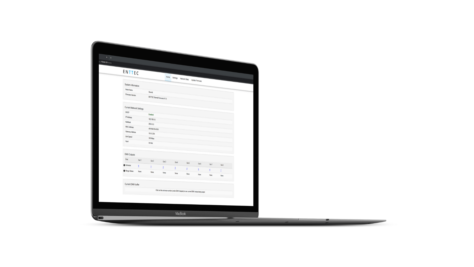 The Storm 8 Ethernet to DMX gateway features an intuitive web interface for device configuration.