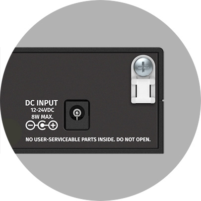Image of the rear of the ENTTEC Pixelator mini showing the 12-24vDC input and cable retention lug.