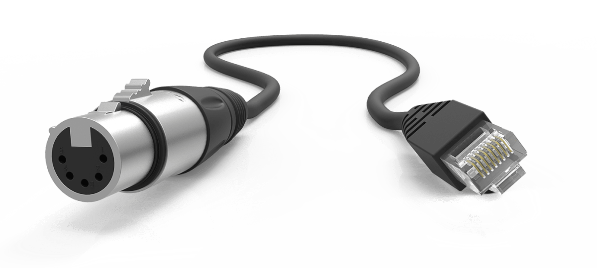 RJ45 to DMX XLR conversion cable for use with the Storm8 Ethernet to DMX gateway.