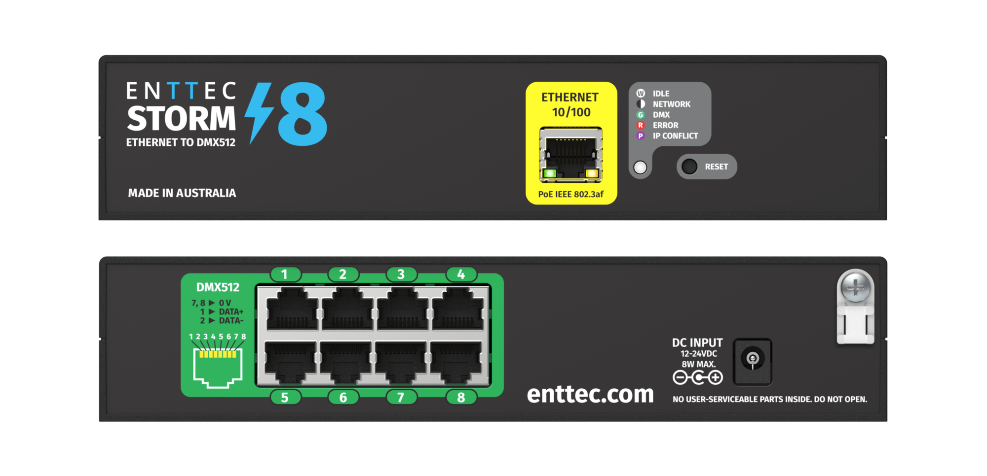 Front and rear of the ENTTEC Storm 8 Ethernet to DMX gateway.
